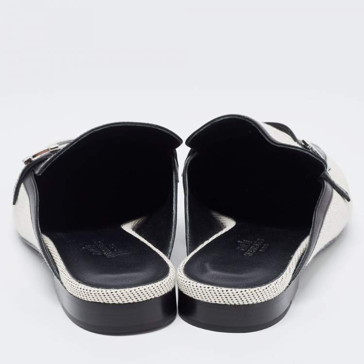 Pre Owned Hermes White/Black Canvas and Leather Groupie Mules Size 39