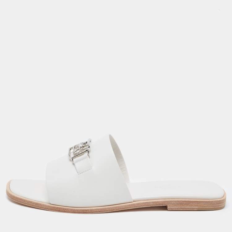 Pre Owned Hermes White Leather  Villa Flat Slides  Size 38