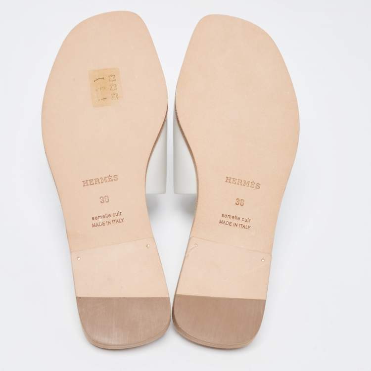 Pre Owned Hermes White Leather  Villa Flat Slides  Size 38