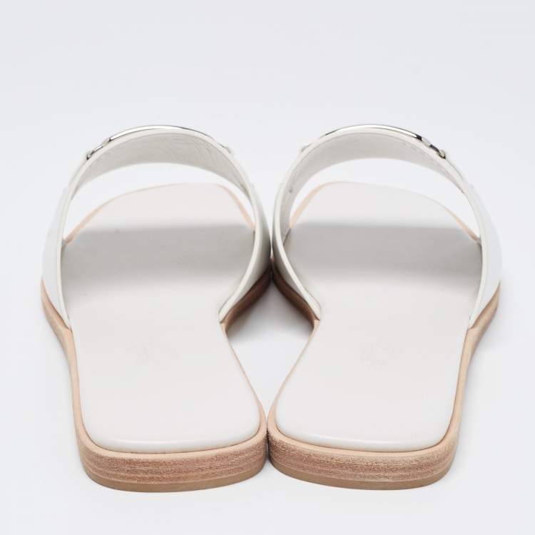Pre Owned Hermes White Leather  Villa Flat Slides  Size 38