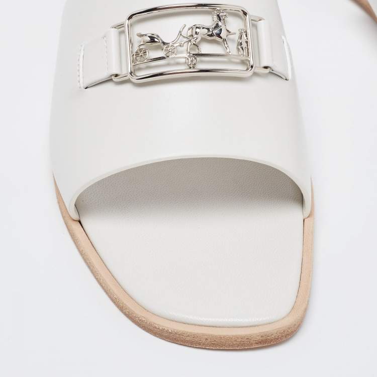 Pre Owned Hermes White Leather  Villa Flat Slides  Size 38