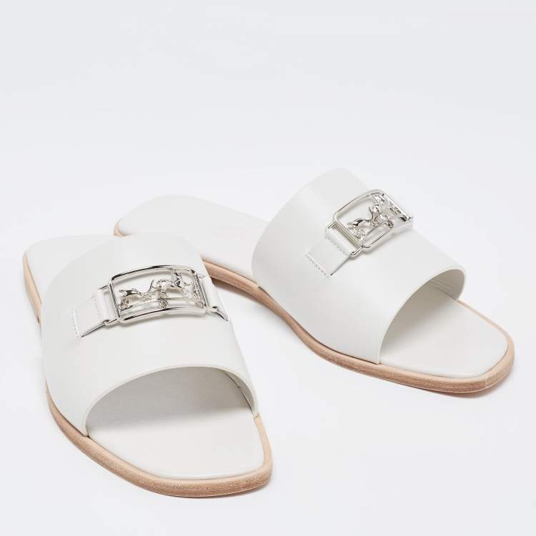 Pre Owned Hermes White Leather  Villa Flat Slides  Size 38