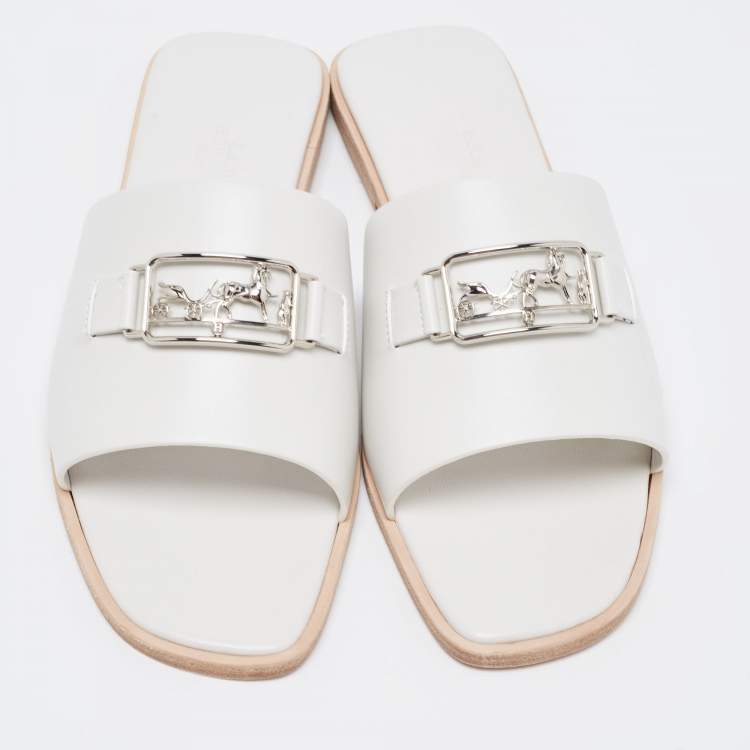 Pre Owned Hermes White Leather  Villa Flat Slides  Size 38