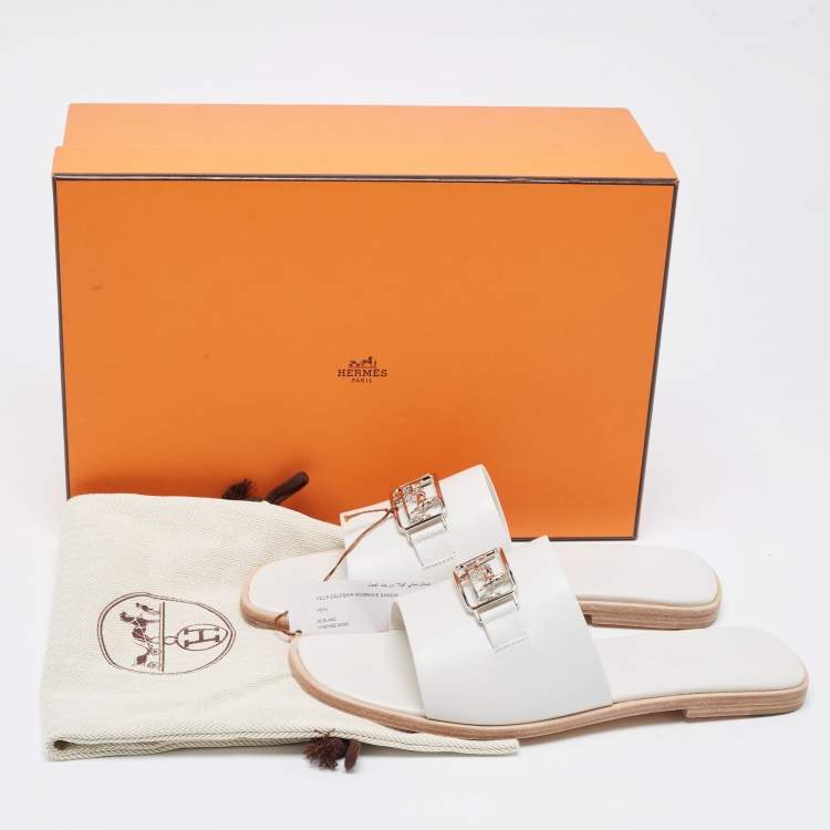 Pre Owned Hermes White Leather  Villa Flat Slides  Size 38