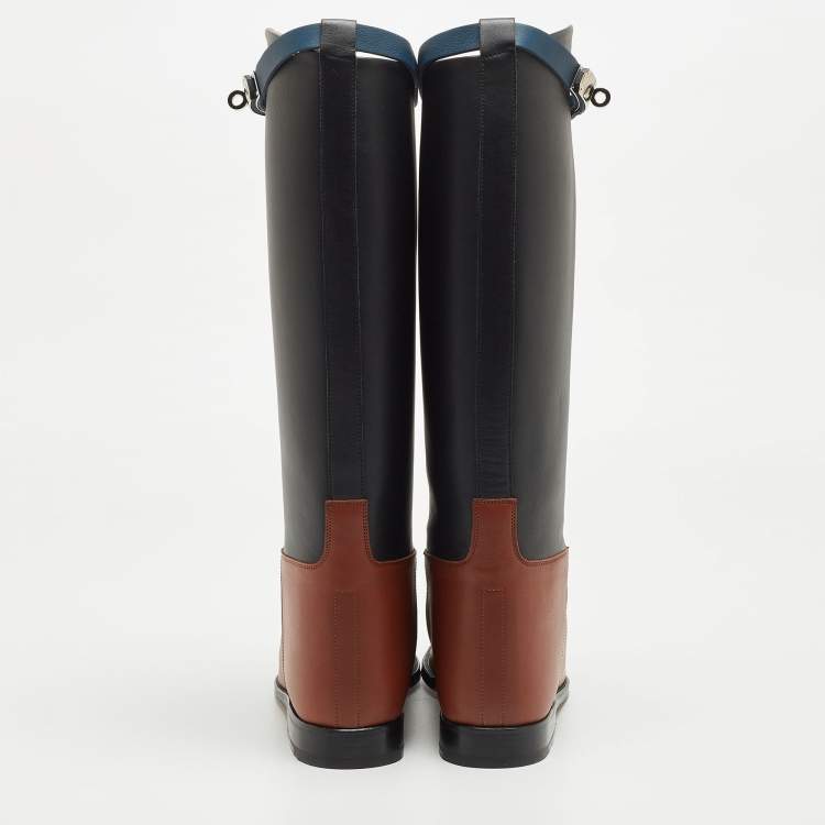 Pre Owned Hermes Brown/Black Leather H Jumping Knee Length Boots Size 39