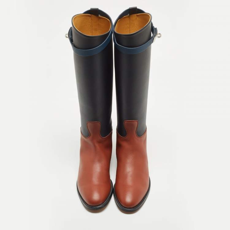Pre Owned Hermes Brown/Black Leather H Jumping Knee Length Boots Size 39