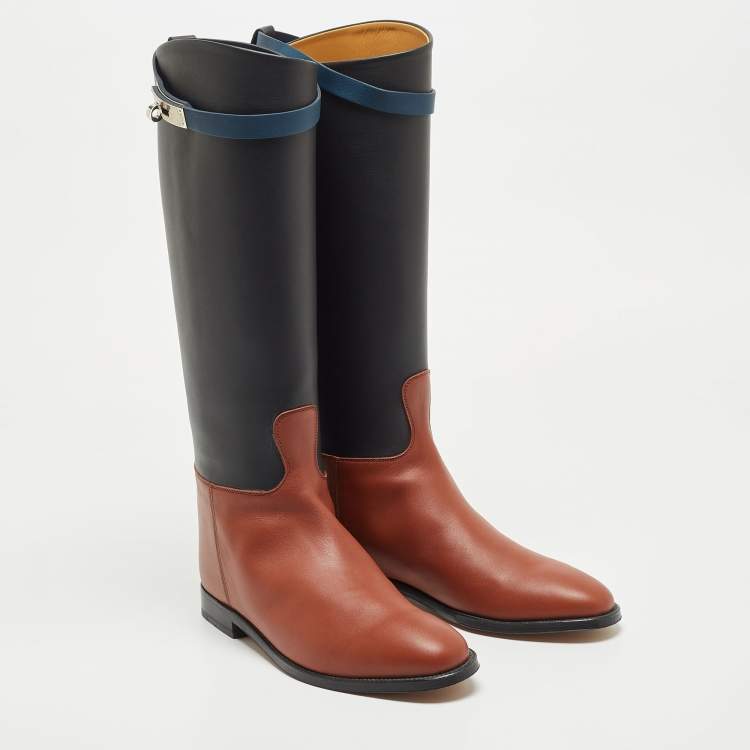 Pre Owned Hermes Brown/Black Leather H Jumping Knee Length Boots Size 39