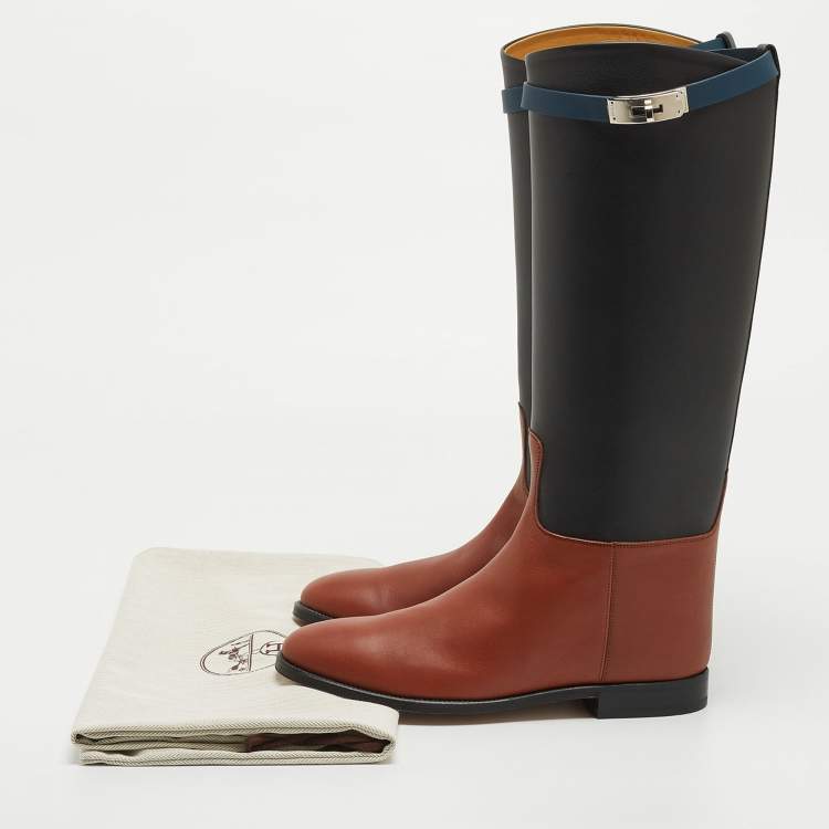 Pre Owned Hermes Brown/Black Leather H Jumping Knee Length Boots Size 39