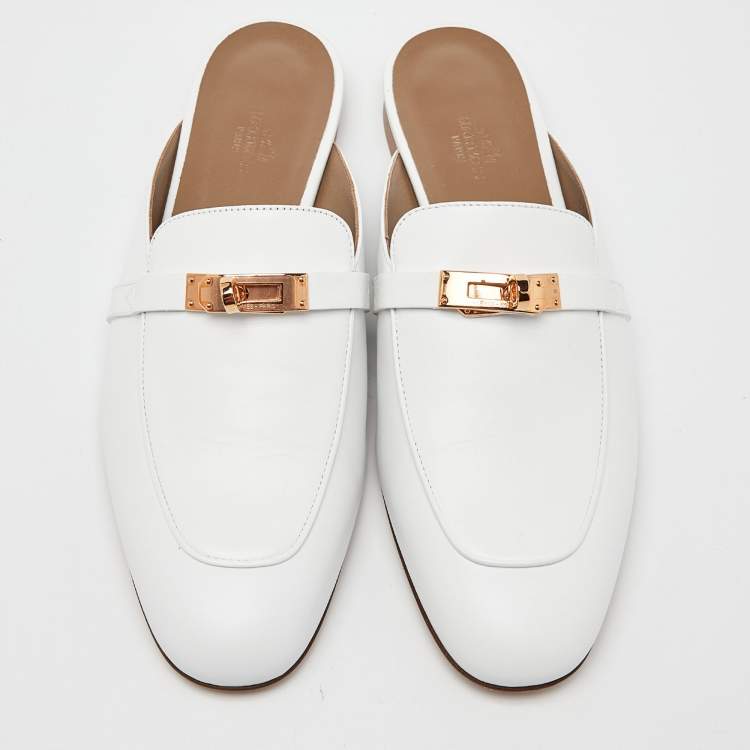 Pre Owned Hermes White Leather Oz Mules Size 41