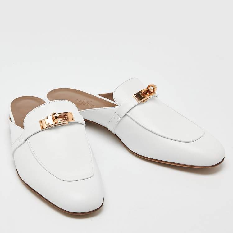 Pre Owned Hermes White Leather Oz Mules Size 41