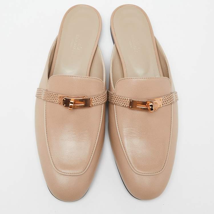 Pre Owned Hermes Beige Lizard and Leather Oz Mules Size 41