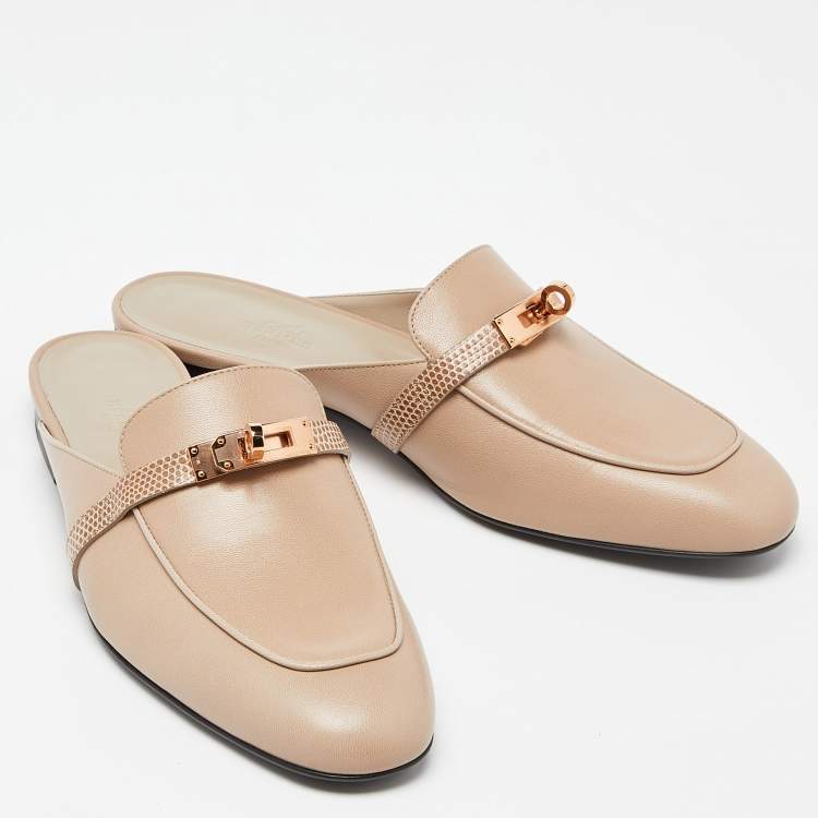 Pre Owned Hermes Beige Lizard and Leather Oz Mules Size 41
