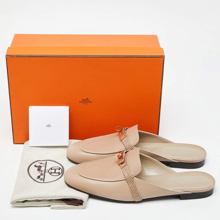 Pre Owned Hermes Beige Lizard and Leather Oz Mules Size 41