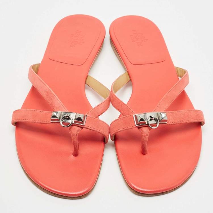 Pre Owned Hermes Pink Suede Corfu Thong Flat Slides Size 41