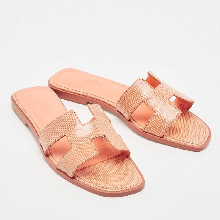 Pre Owned Hermes Orange Lizard Oran Slide Flats Size 38
