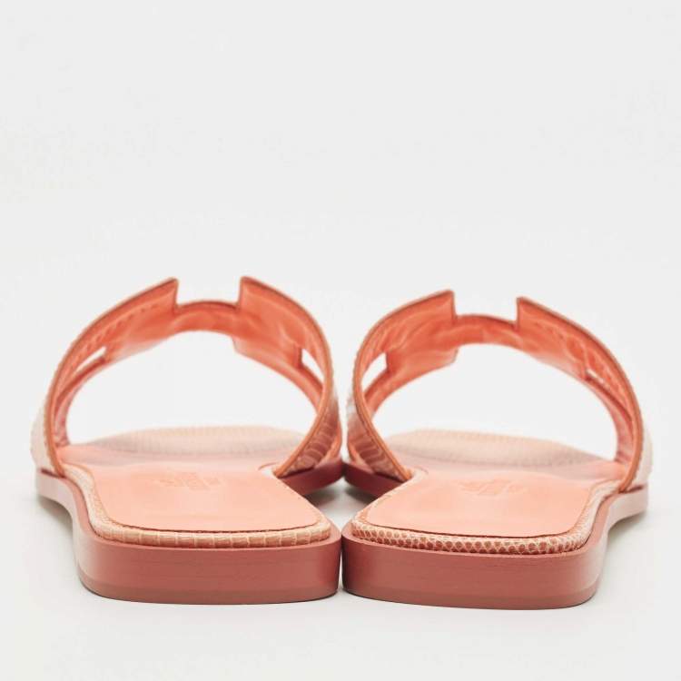 Pre Owned Hermes Orange Lizard Oran Slide Flats Size 38