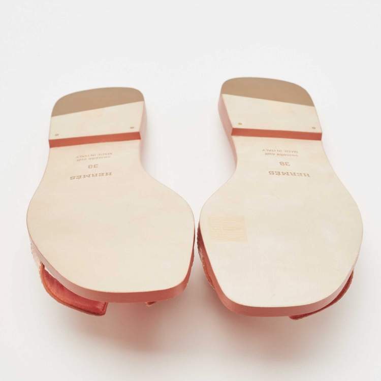 Pre Owned Hermes Orange Lizard Oran Slide Flats Size 38