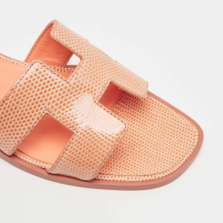 Pre Owned Hermes Orange Lizard Oran Slide Flats Size 38