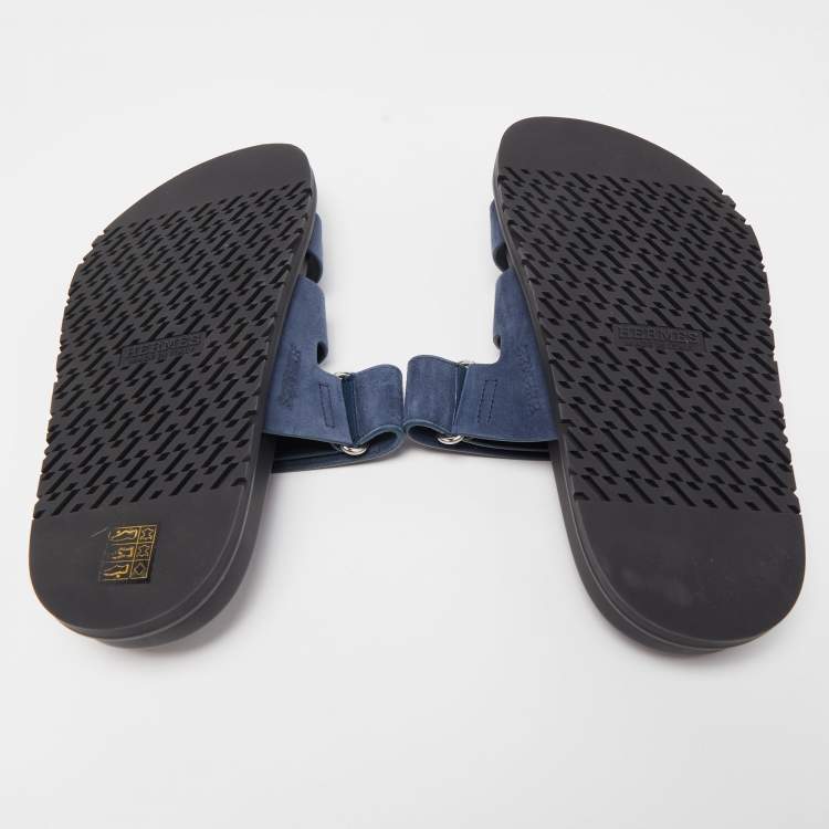 Pre Owned Hermes Blue/Black Suede Chypre Slide Flats Size 40