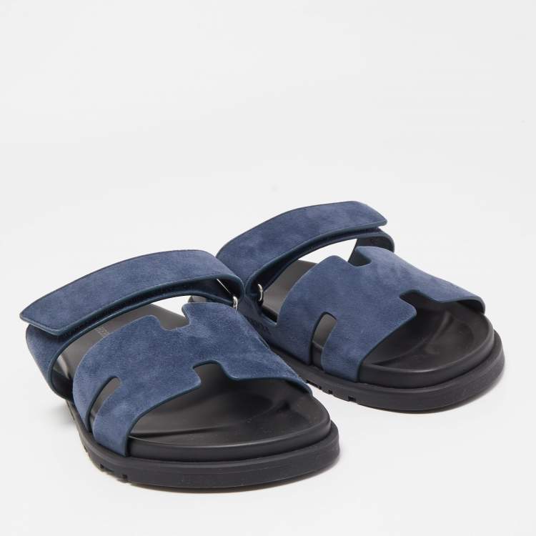Pre Owned Hermes Blue/Black Suede Chypre Slide Flats Size 40