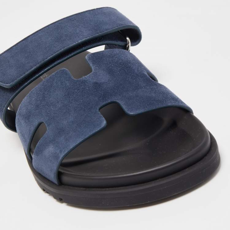 Pre Owned Hermes Blue/Black Suede Chypre Slide Flats Size 40