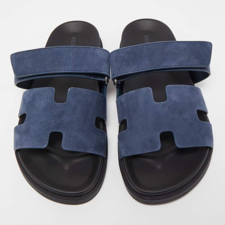 Pre Owned Hermes Blue/Black Suede Chypre Slide Flats Size 40