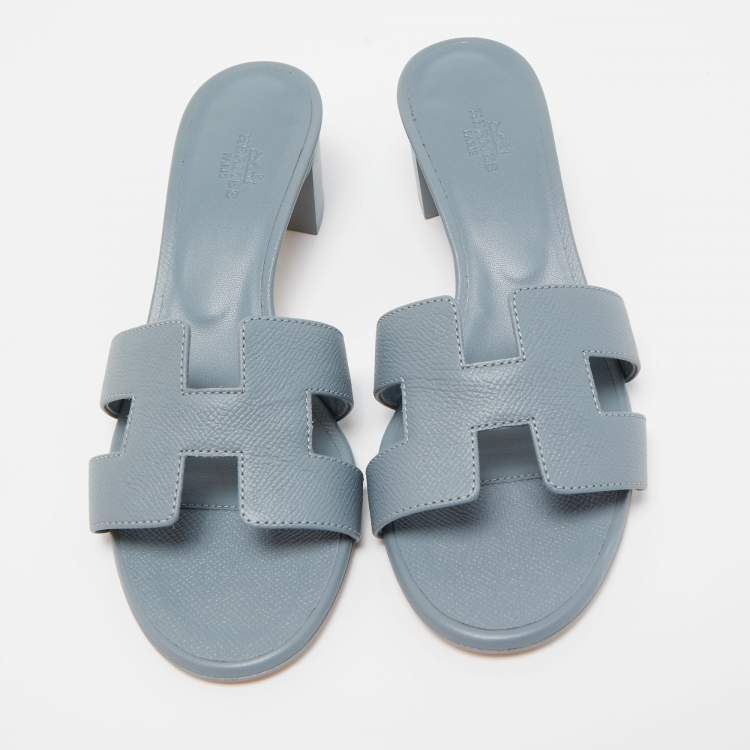 Pre Owned Hermes Grey Leather Oasis Slide Sandals Size 38