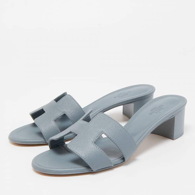 Pre Owned Hermes Grey Leather Oasis Slide Sandals Size 38