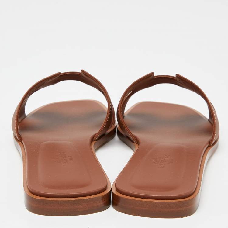 Pre Owned Hermès Brown Leather Oran  Flat Slides Size 38 