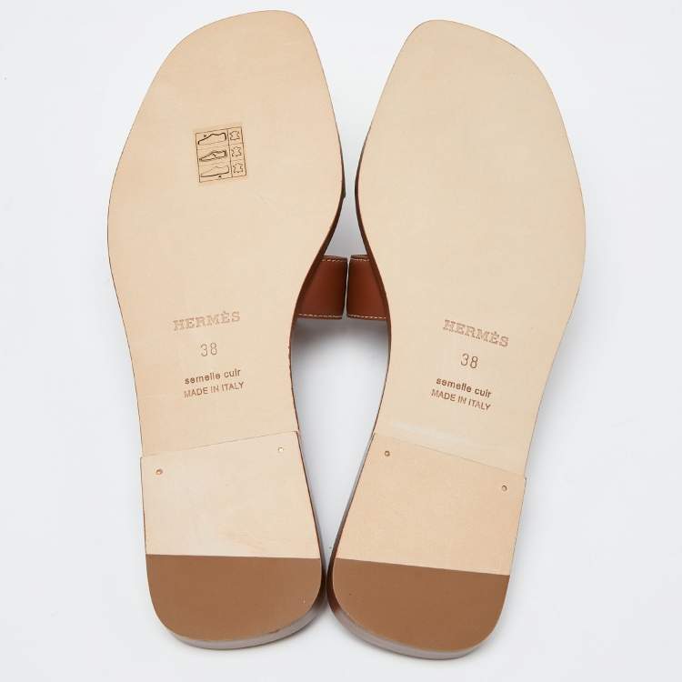 Pre Owned Hermès Brown Leather Oran  Flat Slides Size 38 