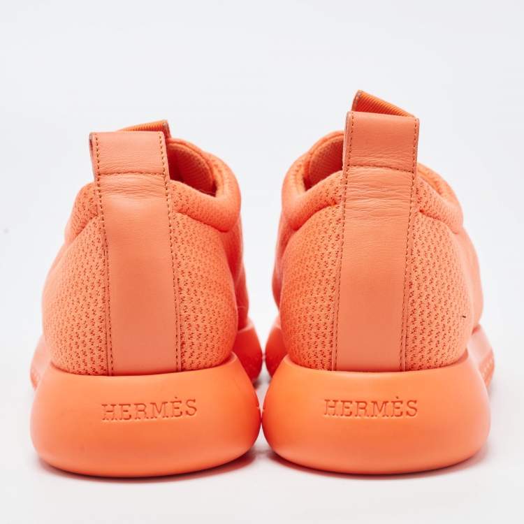Pre Owned Hermès Orange Leather and Neoprene Low Top Sneakers Size 36