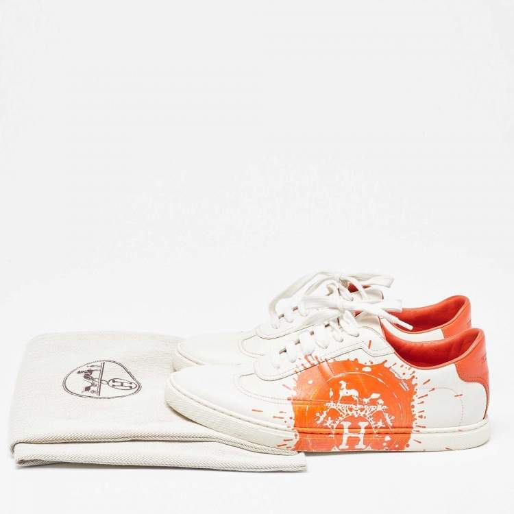 Pre Owned Hermes Off White/Orange Leather Splash Quicker Sneakers Size 39.5
