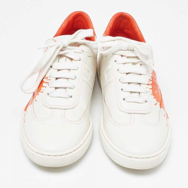 Pre Owned Hermes Off White/Orange Leather Splash Quicker Sneakers Size 39.5
