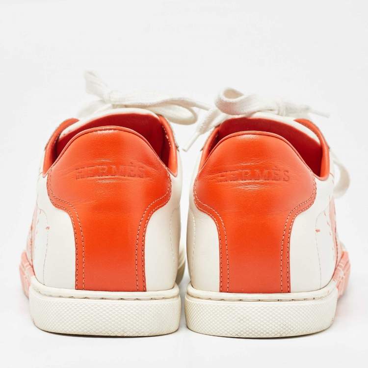 Pre Owned Hermes Off White/Orange Leather Splash Quicker Sneakers Size 39.5