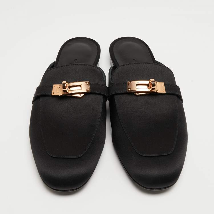 Pre Owned Hermes Black Satin Oz Mules Size 37.5