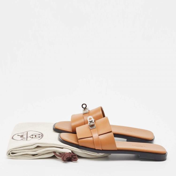 Pre Owned Hermes Tan Leather Giulia Flat Sandal Size 36
