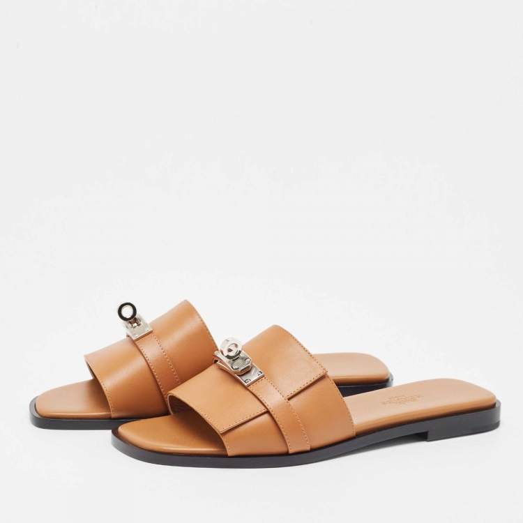 Pre Owned Hermes Tan Leather Giulia Flat Sandal Size 36