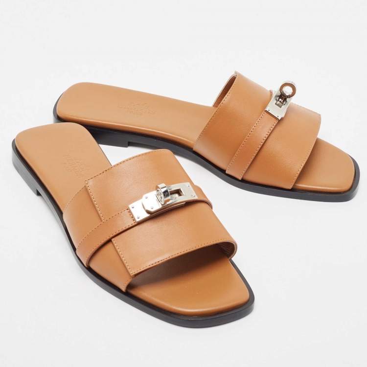 Pre Owned Hermes Tan Leather Giulia Flat Sandal Size 36