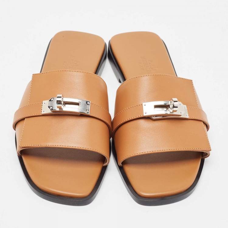 Pre Owned Hermes Tan Leather Giulia Flat Sandal Size 36
