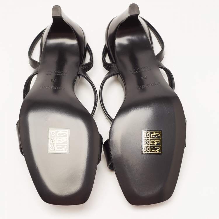 Pre Owned Hermes Black Leather Glamour Slingback Sandals Size 36