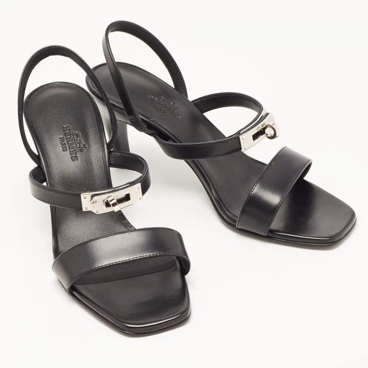Pre Owned Hermes Black Leather Glamour Slingback Sandals Size 36
