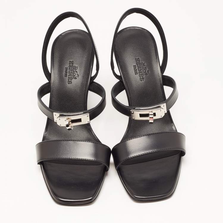 Pre Owned Hermes Black Leather Glamour Slingback Sandals Size 36
