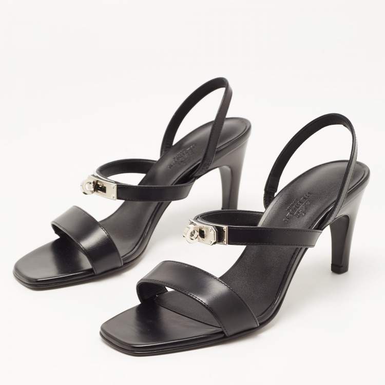 Pre Owned Hermes Black Leather Glamour Slingback Sandals Size 36