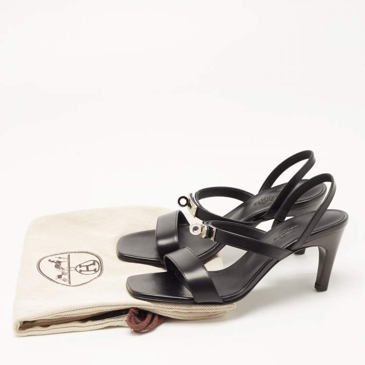 Pre Owned Hermes Black Leather Glamour Slingback Sandals Size 36