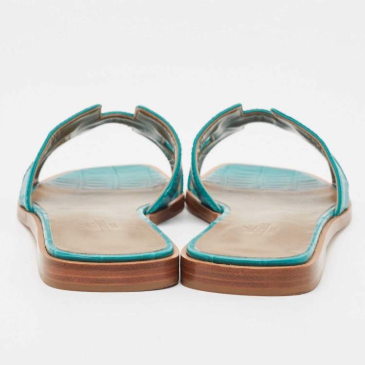Pre Owned Hermes Green Matt Crocodile Oran Flat Slides Size 38.5