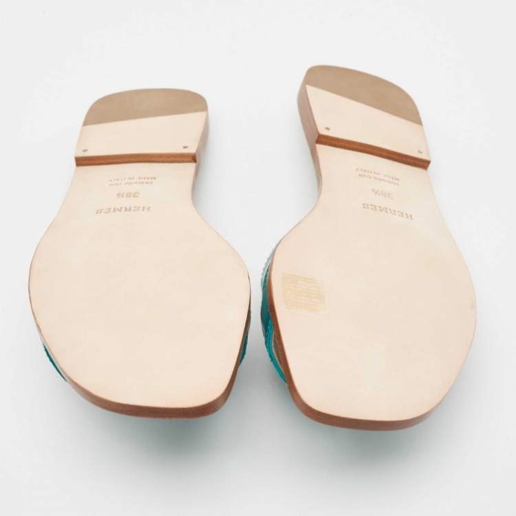 Pre Owned Hermes Green Matt Crocodile Oran Flat Slides Size 38.5