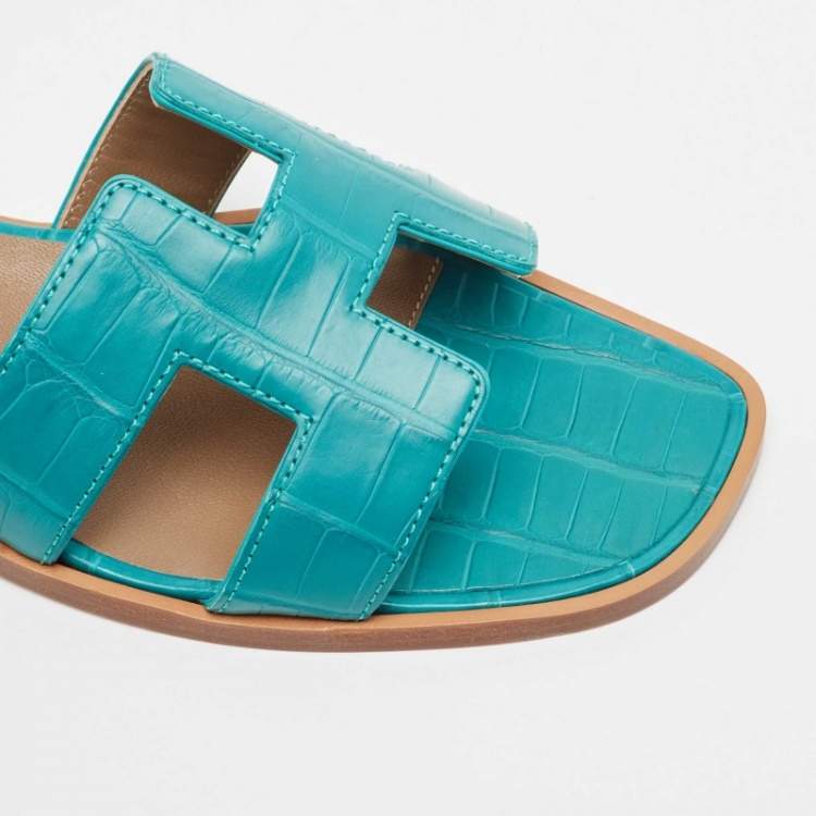 Pre Owned Hermes Green Matt Crocodile Oran Flat Slides Size 38.5