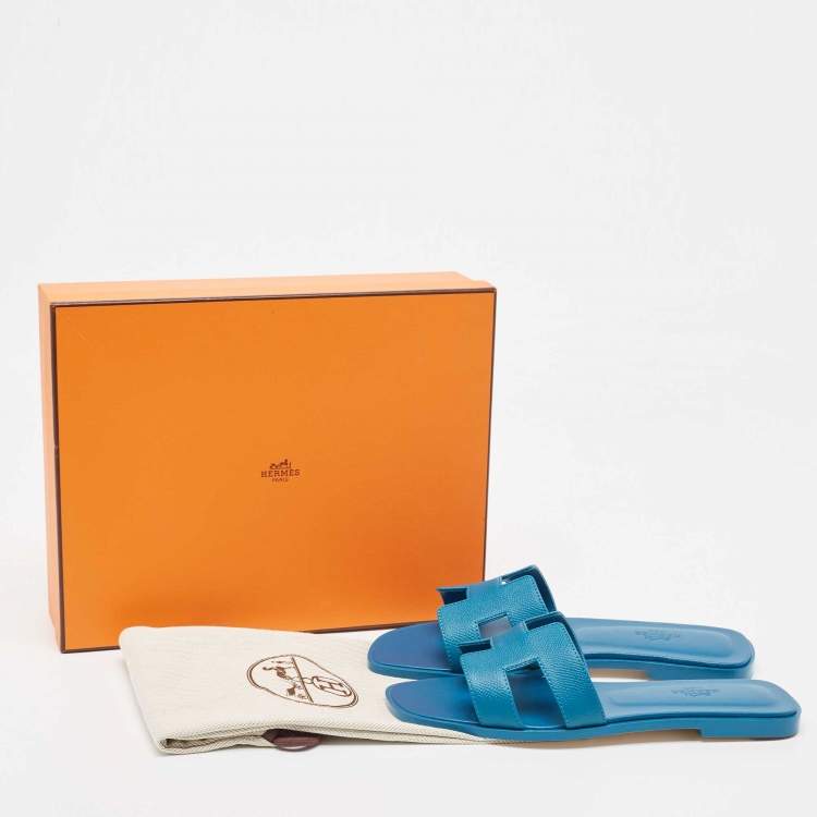 Pre Owned Hermes Blue Leather Oran Flat Slides Size 38