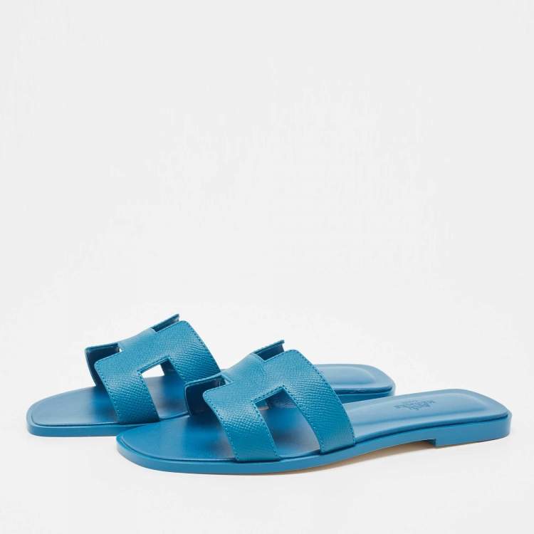 Pre Owned Hermes Blue Leather Oran Flat Slides Size 38