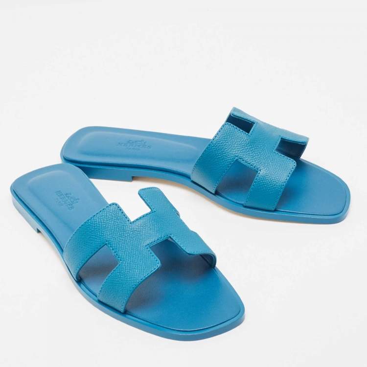 Pre Owned Hermes Blue Leather Oran Flat Slides Size 38